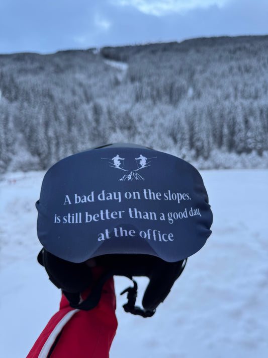 Skibril hoes met slogan